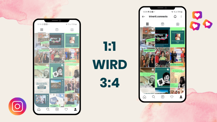 Hier sieht man den ursprünglichen Instagram Feed im Formt 1:1 im Vergleich mit dem neuen Feed in 3:4